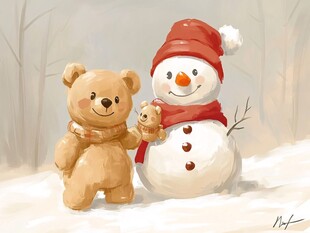 小熊与雪人温馨冬日场景
