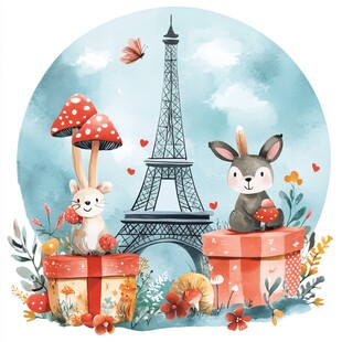 埃菲尔铁塔下的萌兔奇幻场景