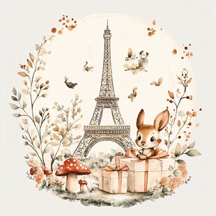埃菲尔铁塔下的萌兔与礼物