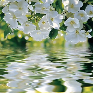 白花映水的清新自然景象