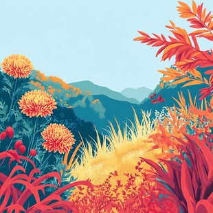 秋日绚烂花草与远山美景