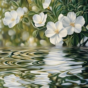 水边白花朵朵绿叶相伴