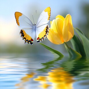 蝴蝶伴郁金香于水边