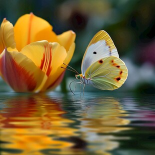 蝶立郁金香 水面映美景