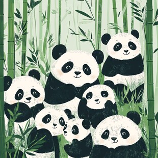 竹林中的可爱熊猫家族