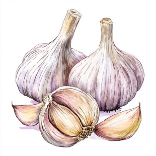 水彩画中的大蒜及蒜瓣