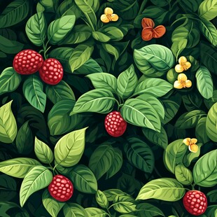 覆盆子与绿叶花卉图案