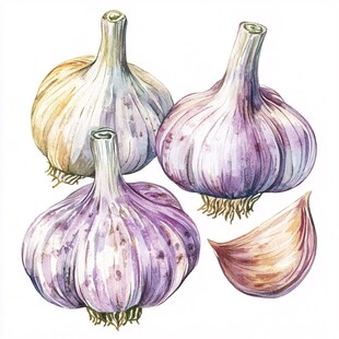 水彩绘大蒜及蒜瓣特写