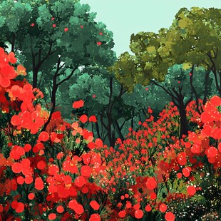 红色花海中的森林美景