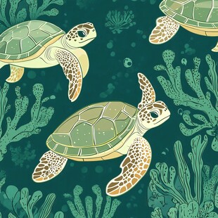 海龟畅游于海底珊瑚间