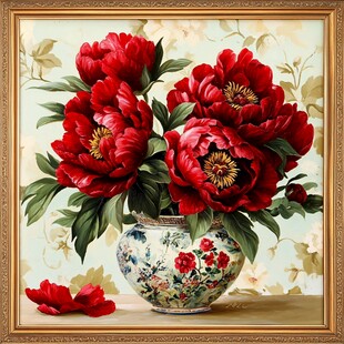 花瓶中的红牡丹油画