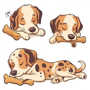 可爱小狗抱骨头睡觉插画