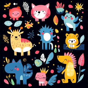 可爱卡通动物与植物图案