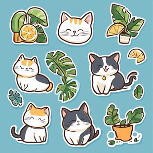 可爱猫咪与绿植贴纸集合