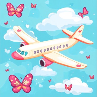 飞机翱翔于蝴蝶云朵间