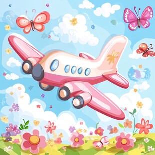 粉色飞机翱翔花丛蝴蝶间