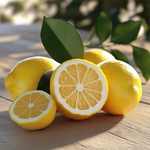 新鲜柠檬摆放在木质桌面上