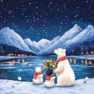 北极熊一家的雪夜温馨时刻