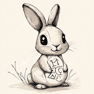 手绘兔子抱字母牌