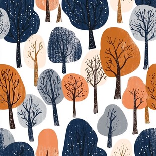 秋冬树木手绘无缝图案