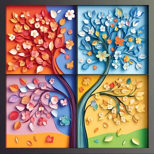 四季繁花树艺术剪纸图案