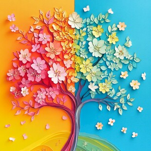 双色繁花树剪纸艺术作品