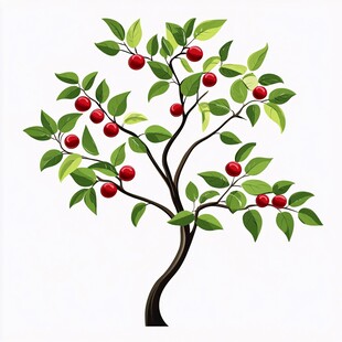 樱桃树插画 绿叶红果点缀