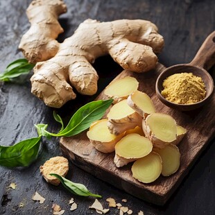 新鲜生姜及切片与姜粉展示