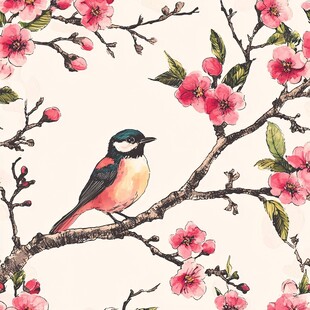 枝头小鸟与烂漫桃花图