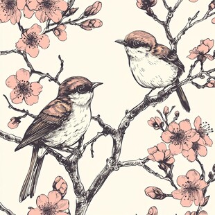 枝头双鸟栖 繁花相映衬