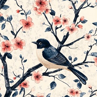 枝头鹊立 繁花相伴