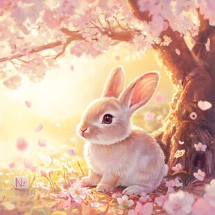 樱花树下的萌兔