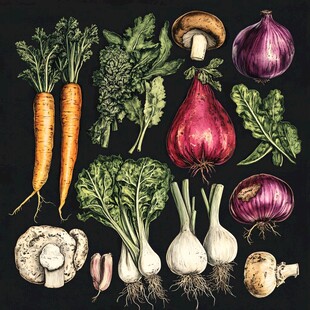 手绘多彩蔬菜与菌类集合
