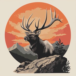 黄昏下的雄鹿立于山石间