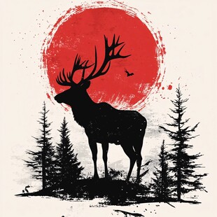 红日下的麋鹿与松林