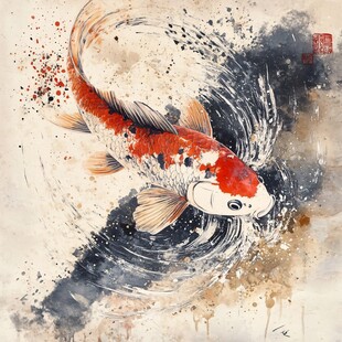 水墨锦鲤图 灵动水中游