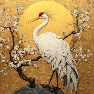 金月白鹤栖于繁花枝头