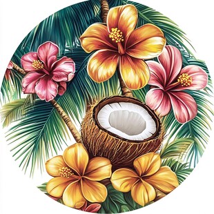 热带花卉与椰子插画图案
