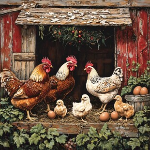 鸡群在红舍前的温馨场景