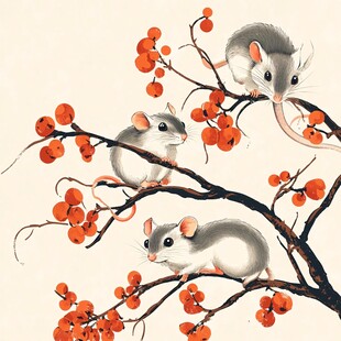 三只小鼠栖于红果枝头