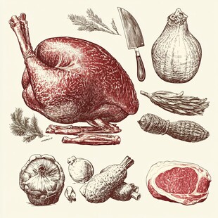 手绘肉类与蔬菜食材组合