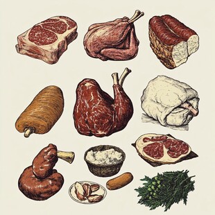 多样肉类食材插画展示