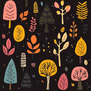 手绘多彩树木与叶子图案