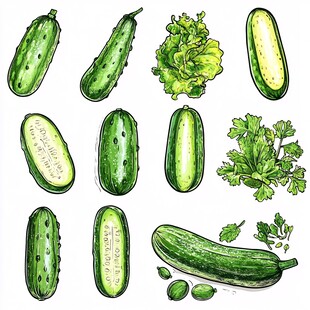 手绘黄瓜与绿叶蔬菜集合