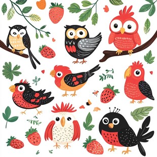 可爱小鸟与草莓插画图案