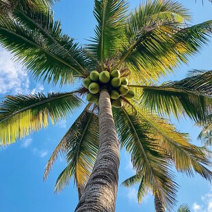 仰望椰树蓝天与累累椰果