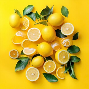 柠檬静物 鲜亮果实与绿叶
