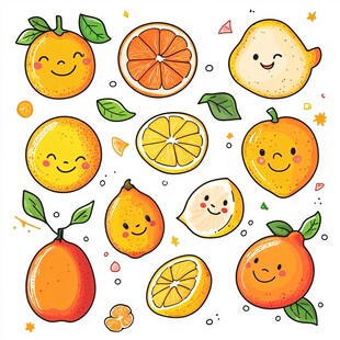 可爱笑脸柑橘类水果插画