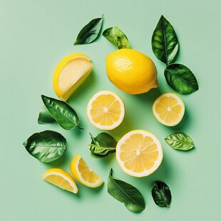青底上的鲜柠檬与绿叶