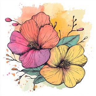 水彩绘艳丽双花插画